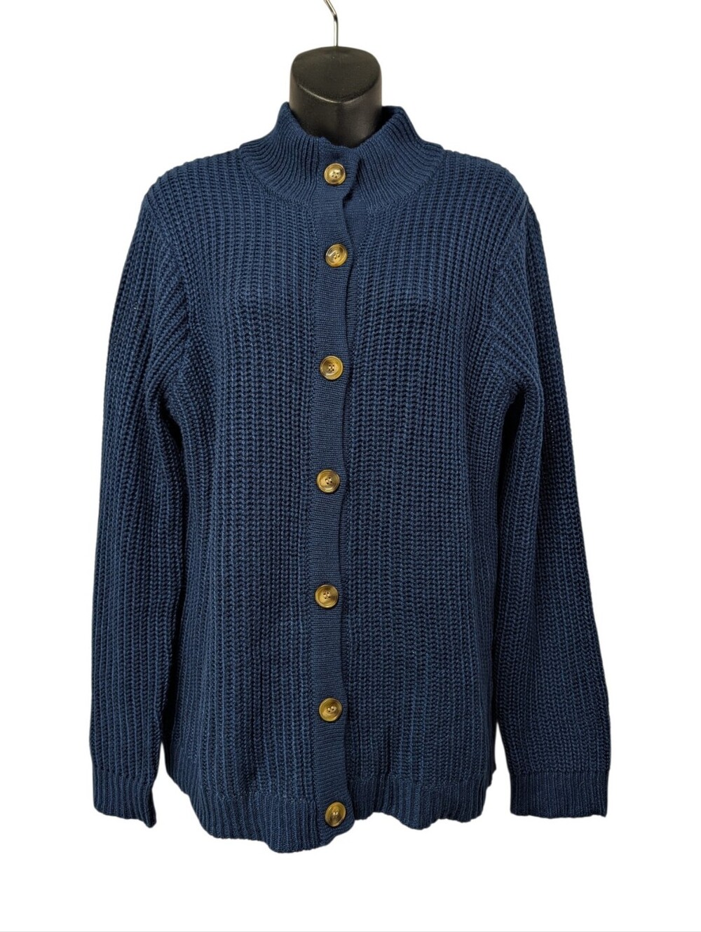 Blair Blue Chunky Knit Button Up Cardigan Sweater Mock Neck Size Large L NWOT